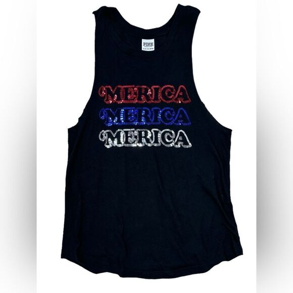 PINK Victoria’s Secret Red White & Blue MERICA Patriotic Sequin Tank Top - Picture 1 of 5